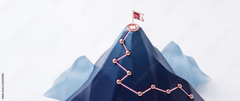 Fototapeta premium 3D Render Concept of Business Success and Achievement Showing a Path with Milestones Leading to a Flag at the Mountain Peak Representing Strategic Growth, Career Goals, and Reaching the Top