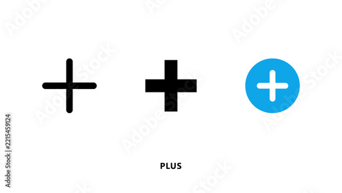 Three plus sign including a thin black outline, a solid black cross, and a white plus symbol inside a blue circle on white