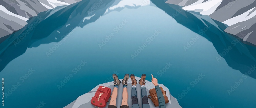Fototapeta premium Perspective view of two hikers sitting on a mountain cliff edge overlooking a vast blue glacial lake and snowy peaks, feet dangling over the heights with backpacks beside them, vector illustration.