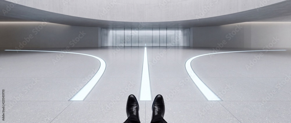 Fototapeta premium First person view of a businessman in black formal shoes sitting in a futuristic minimalist white lobby with glowing light lines on the floor, modern corporate interior design concept