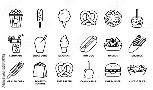 Minimalist Carnival Food Monoline Icons Popcorn Corn Dog Fair Food Vector Set
