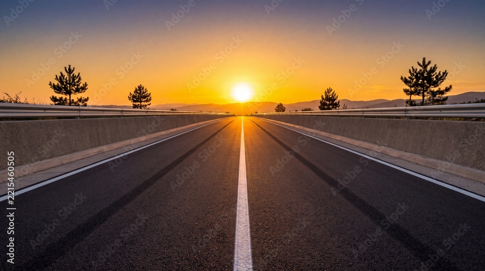 Fototapeta premium Empty asphalt highway road stretching towards a bright glowing sunset on the horizon at golden hour, scenic path through a rural landscape representing journey, freedom, and future goals.