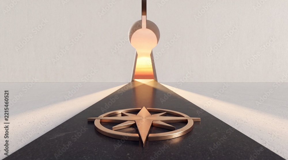 Fototapeta premium Conceptual 3D illustration of a bronze compass star on a dark path leading toward a keyhole portal opening to a bright sunrise, symbolizing business growth, strategic premium access, and success.
