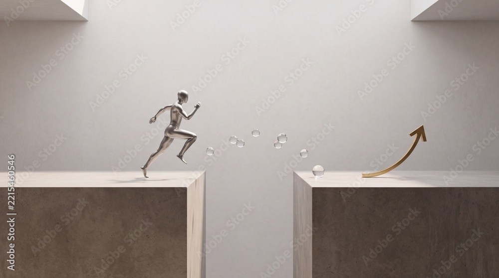 Fototapeta premium Abstract metallic figure leaping over a gap towards a golden upward arrow symbolizing business growth, premium commercial upgrade, overcoming obstacles, and achieving success in a minimalist space.