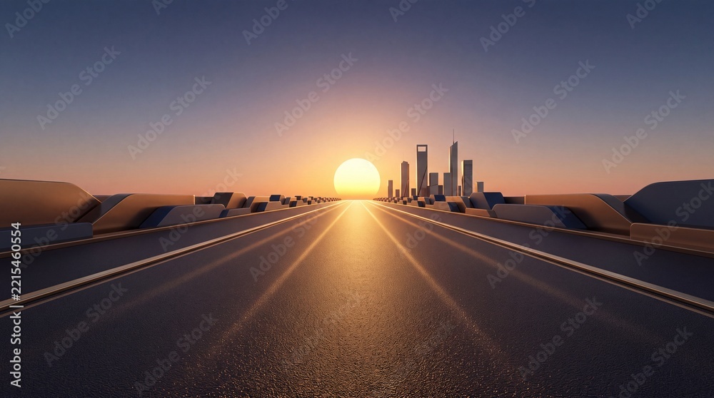 Fototapeta premium Straight asphalt highway road leading towards a bright glowing sun on the horizon with a modern city skyline at sunset, conceptualizing future vision, career success, and long term business growth.
