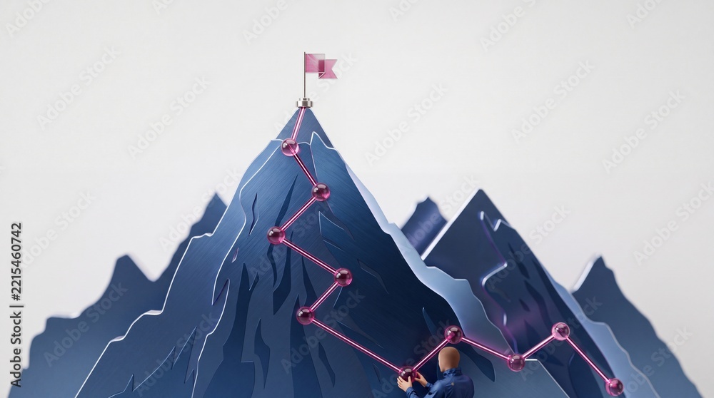 Fototapeta premium Business Success Concept Representing Goal Achievement with a Stylized Character Planning a Strategic Path Towards the Mountain Peak and a Flag of Victory for Professional Growth and Ambition