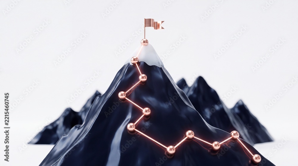 Fototapeta premium 3D illustration of a glossy mountain peak with a glowing copper sphere path leading to a flag at the summit representing business growth, achievement, and premium commercial success
