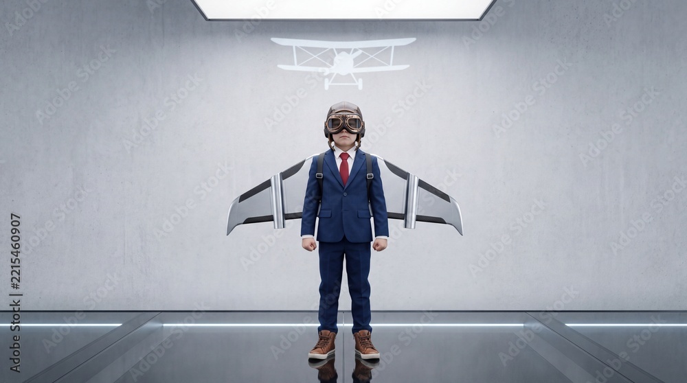Fototapeta premium Ambitious young boy in a professional business suit wearing an aviator helmet and jetpack wings standing in a modern hall, symbolizing future leadership, career growth, and startup innovation.