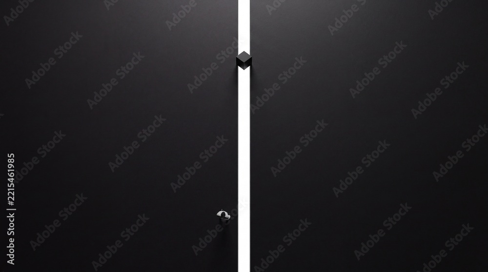 Fototapeta premium Minimalist overhead top down view of a tiny human figure walking along a bright vertical light path between dark surfaces towards a mysterious floating black cube in a surreal abstract space