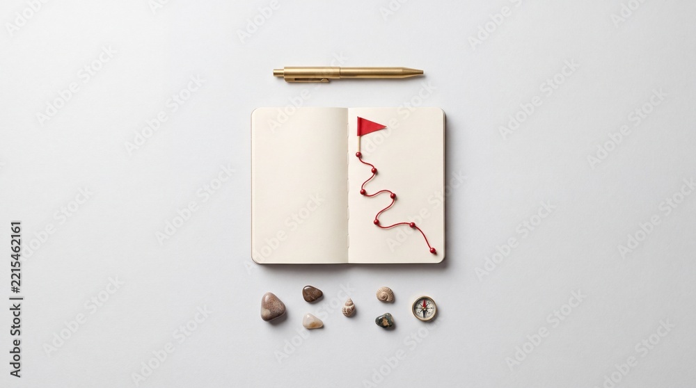 Fototapeta premium Top View of Open Notebook with Red String Path Leading to a Red Flag for Goal Setting, Journey Planning, and Success with Pen, Compass, and Natural Elements on a Minimalist Clean Background