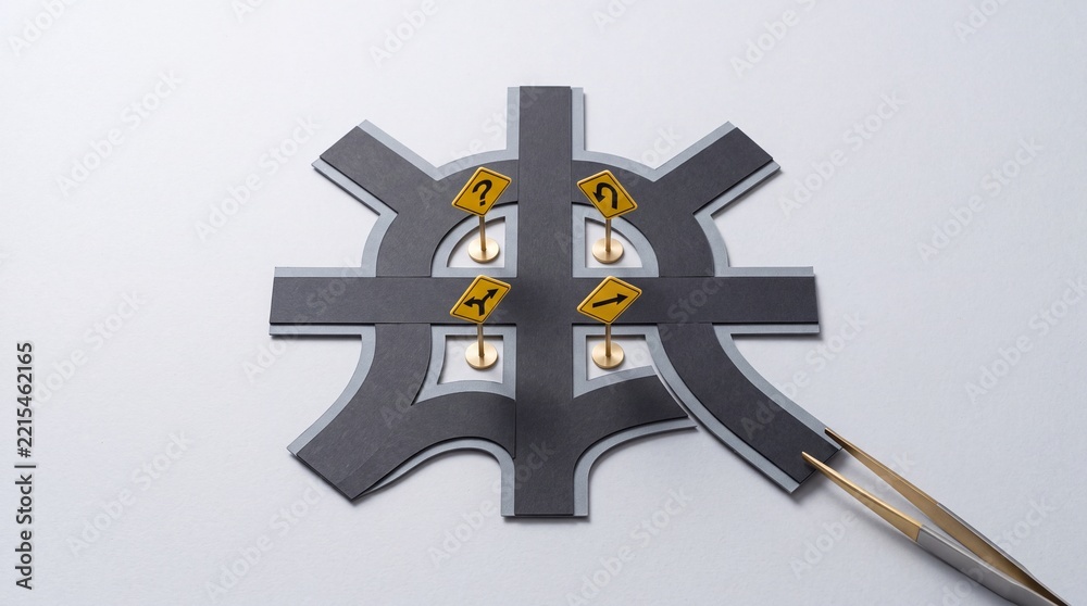 Fototapeta premium Top-down view of a conceptual paper road intersection model with tweezers adjusting a path and yellow traffic signs, symbolizing urban planning, strategic decision making and navigation