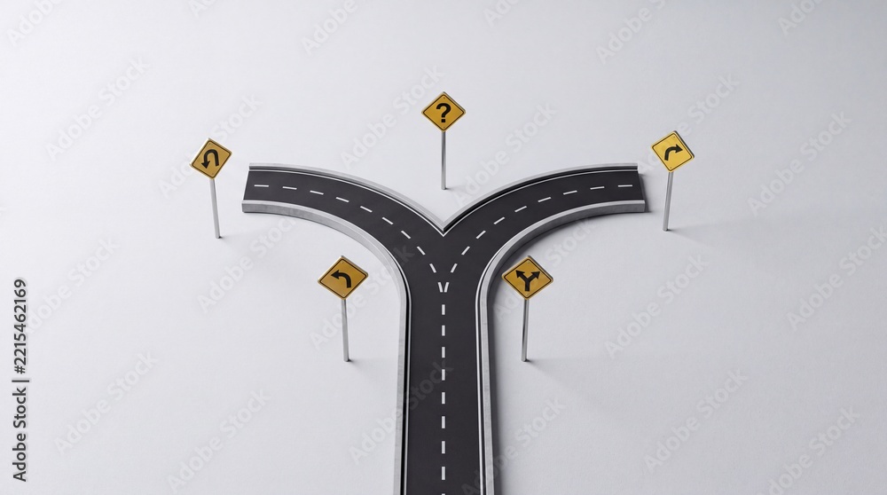 Fototapeta premium Conceptual representation of business decision making and choosing a direction with a fork in the road and various confusing traffic signs including a question mark on a clean white background.