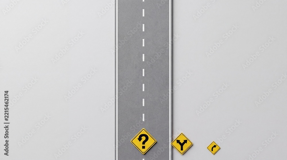 Fototapeta premium Top down view of a straight asphalt road with yellow caution signs featuring a question mark and directional arrows representing decision making and choosing the right path for future success.
