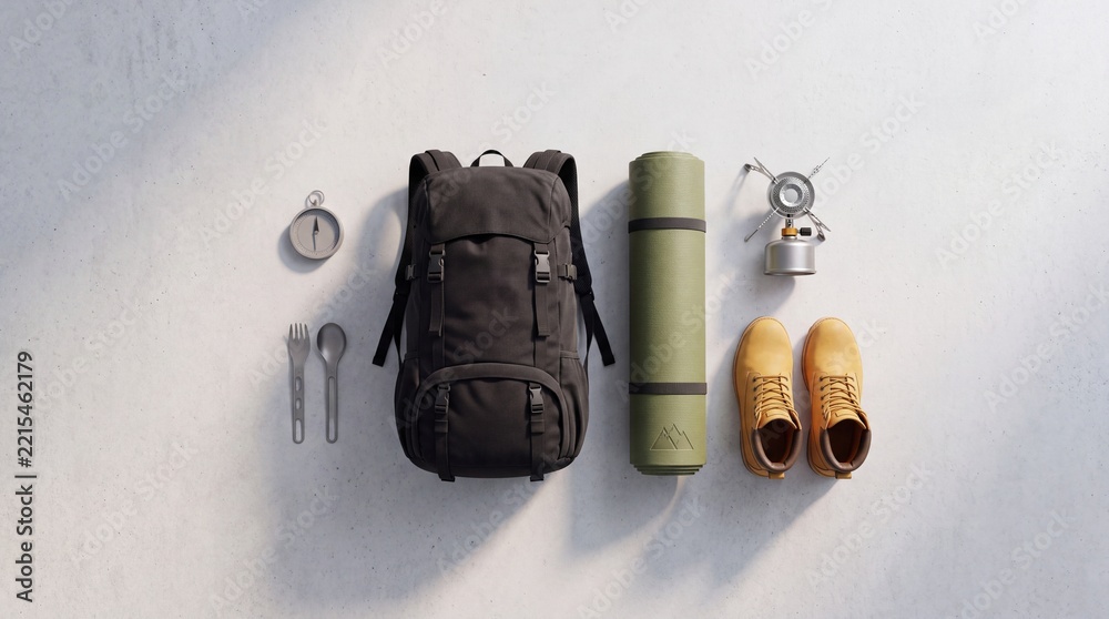 Fototapeta premium Overhead view flat lay of essential outdoor hiking and camping equipment including a black backpack, green sleeping mat, yellow leather boots, portable stove, compass, and utensils on gray background.
