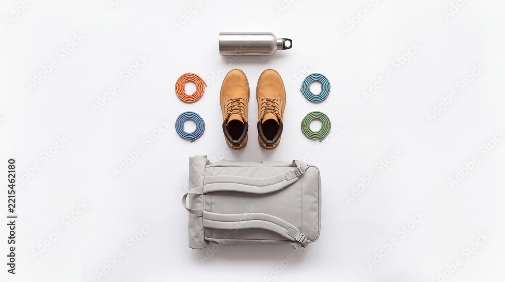 Fototapeta premium Overhead flat lay of travel and adventure essentials featuring leather hiking boots, grey roll-top backpack, stainless steel water bottle, and colorful climbing ropes on a white background.