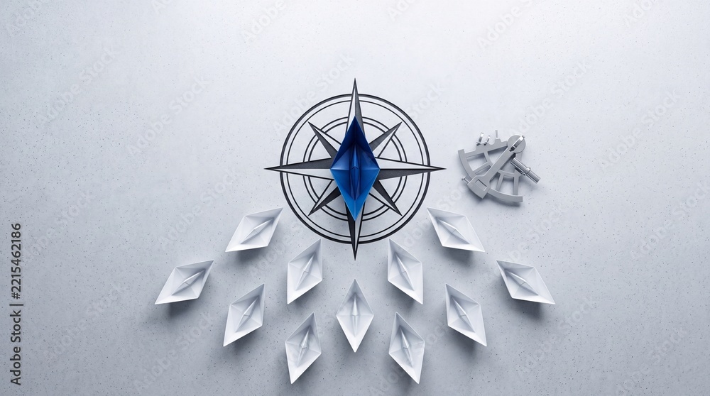 Fototapeta premium Top down overhead view of a blue origami paper boat leading a fleet of white boats on a compass rose with a sextant, representing leadership, strategic direction, and business navigation.