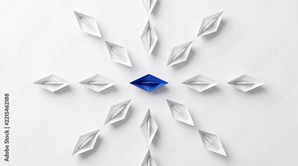 Fototapeta premium Overhead view of a single blue paper boat in the center surrounded by multiple white origami boats in a radial pattern, representing leadership, uniqueness, and standing out from the crowd.