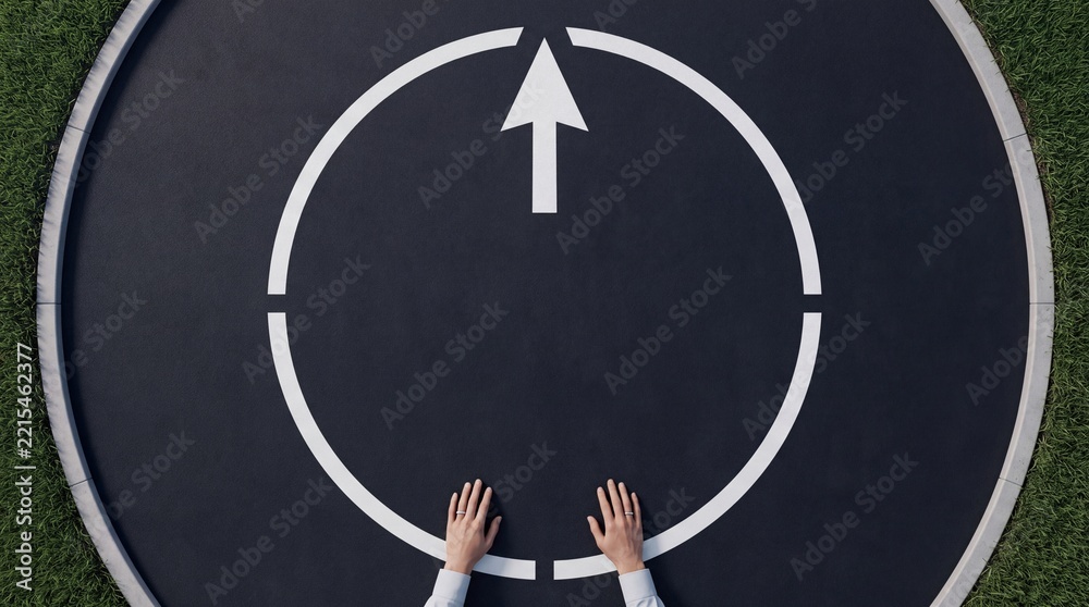 Fototapeta premium Top Down View of Human Hands at the Edge of a White Circle with an Arrow Pointing Forward on Asphalt Surface, Concept of Direction, Goal Setting, New Path, and Future Progress for Business