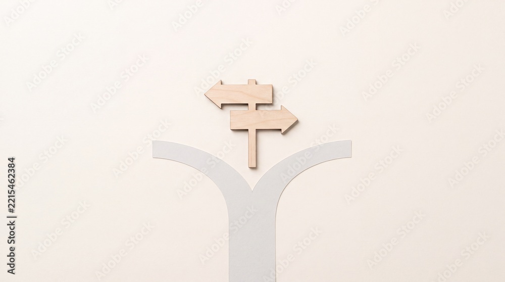 Fototapeta premium Conceptual top down view of a wooden directional signpost at a fork in the road representing business decision making, life choices, and career path navigation on a neutral background.