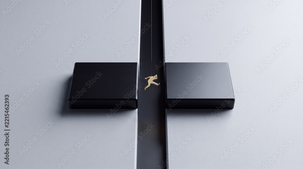 Fototapeta premium High angle top view of a gold miniature business person leaping across a gap between two black platforms, symbolizing courage, career growth, and overcoming obstacles in a corporate world.