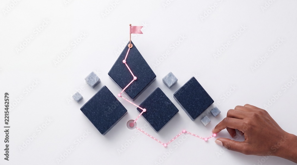 Fototapeta premium Top down overhead view of a hand mapping out a glowing strategic path with neon lines and marble blocks leading to a success flag on a white background, symbolizing business growth and goals