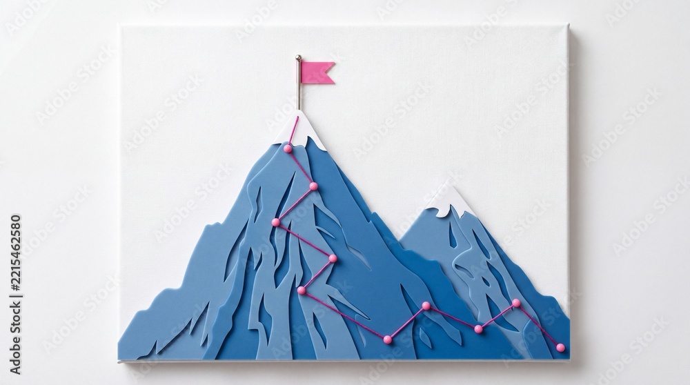 Fototapeta premium Conceptual Top Down View of Mountain Peaks with a Path of Pink Pins and a Flag Representing Business Success, Achieving Goals, Milestones, and the Strategic Journey to the Top on a White Background
