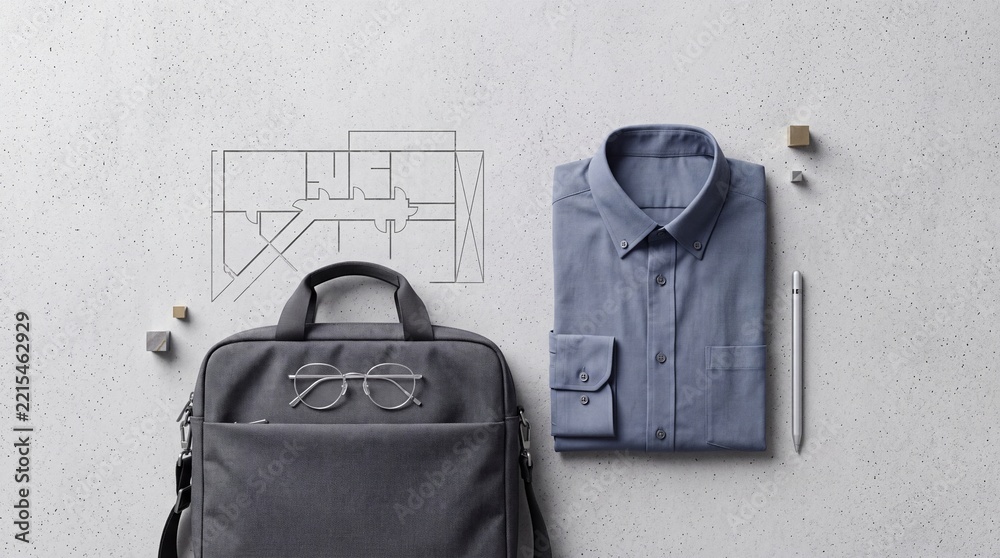 Fototapeta premium Top down overhead view of professional business essentials including a folded blue shirt, briefcase, eyeglasses, and architectural floor plan drawing on a minimalist grey concrete background