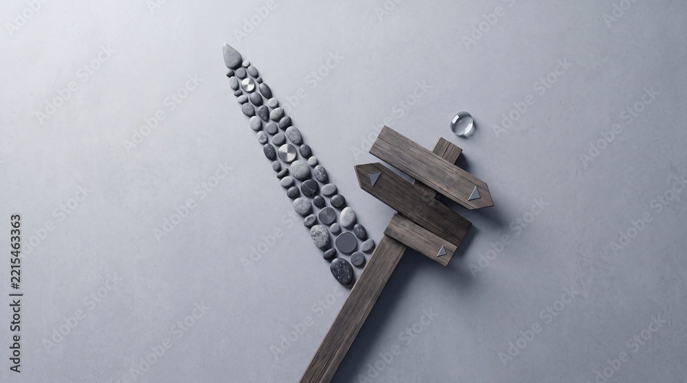 Fototapeta premium Minimalist top down view of a rustic wooden signpost and a pebble stone path pointing upwards, representing business strategy, career direction, decision making, and guidance for success.