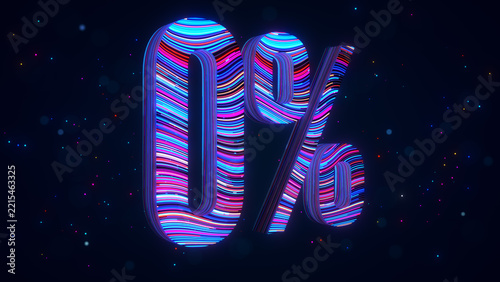 Large futuristic 3D Zero Percent typography in perspective with vibrant blue and purple flowing stripes, glowing particles, and luminous bokeh against a dark digital space background.