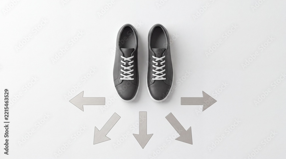Fototapeta premium High angle overhead view of black casual sneakers surrounded by multiple grey arrows pointing in different directions, representing business strategy, life decisions, and choice of path