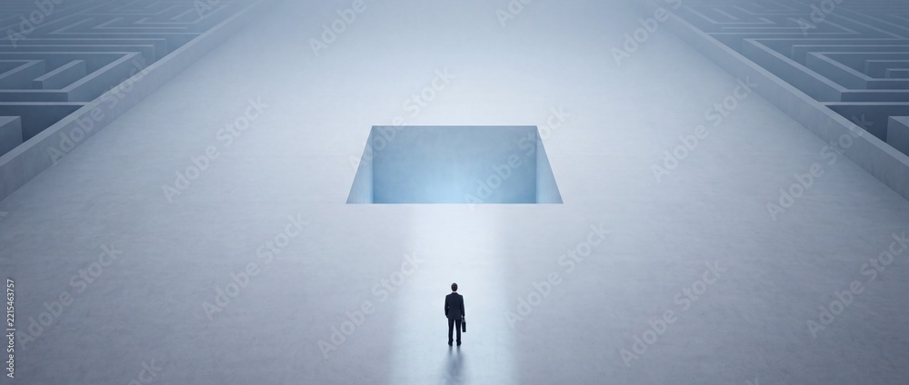 Fototapeta premium Businessman in Suit Facing a Large Square Pit Between Two Mazes, Conceptual Image Representing Financial Risk, Career Obstacles, Decision Making, and Finding Solutions in a Corporate Environment