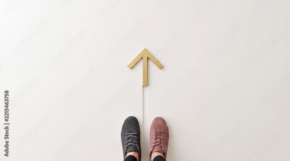 Fototapeta premium High angle view of two people wearing different sneakers standing in front of a gold arrow on white background, representing moving forward, progress, shared goals, and choosing the right path.