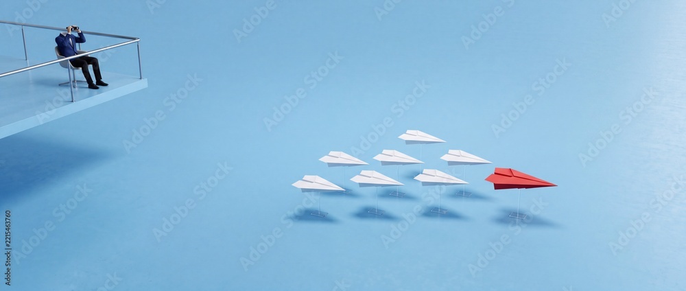 Fototapeta premium Visionary Businessman Using Binoculars to Observe a Red Paper Plane Leading a Fleet of White Ones on a Blue Background, Symbolizing Leadership, Strategic Vision, and Innovation in Business.