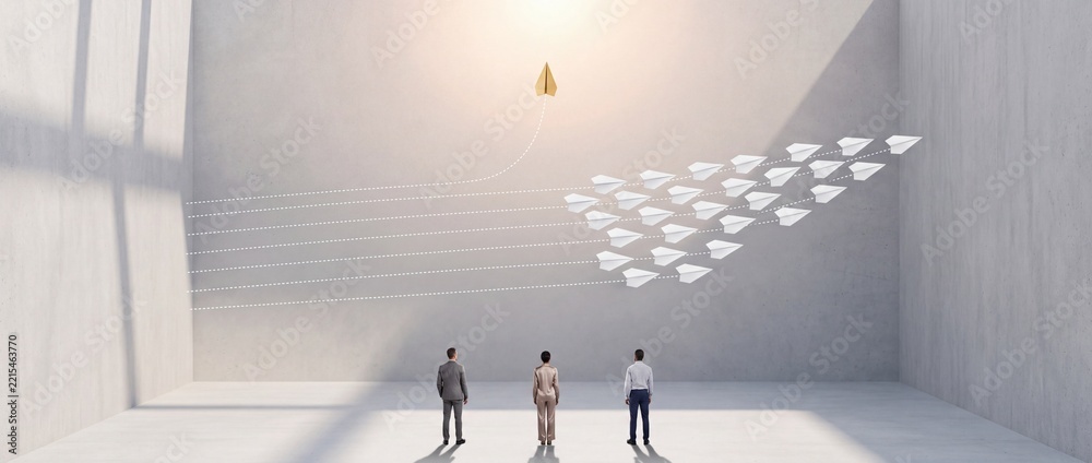 Fototapeta premium Group of business people watching a golden paper plane flying upwards against a swarm of white planes, representing leadership, vision, and taking a unique path to achieve corporate success.