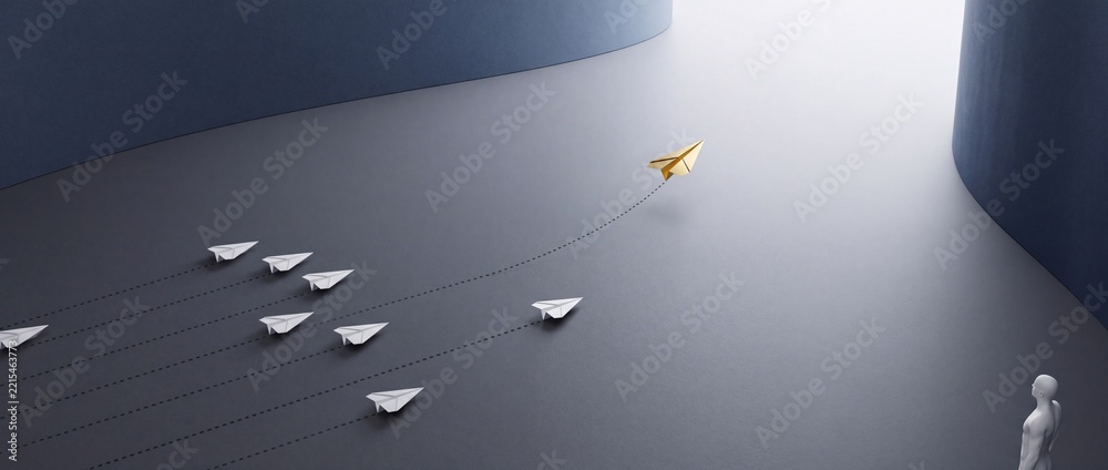 Fototapeta premium Gold Paper Airplane Leading a Group of White Paper Planes Toward a Bright Light Source, Representing Leadership, Innovation, Business Strategy, Individual Success, and Vision in a Conceptual Wide