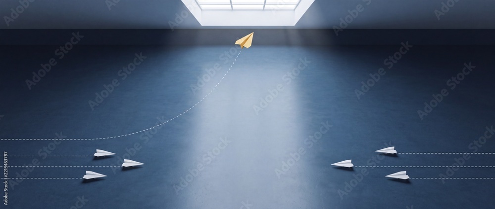 Fototapeta premium Conceptual Wide Shot of a Yellow Paper Plane Flying Towards a Bright Window Representing Leadership, Innovation, and Breaking Free from the Crowd in a Modern Minimalist Room Environment