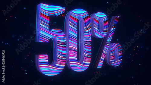 Large futuristic 3D 50 percent typography in perspective with vibrant blue and purple flowing stripes, glowing particles, and luminous bokeh against a dark digital space background.