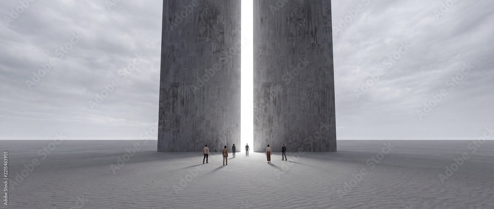 Fototapeta premium A group of people standing before two massive concrete monoliths with bright white light glowing from a narrow vertical portal in a vast barren landscape, cinematic surreal concept of hope and