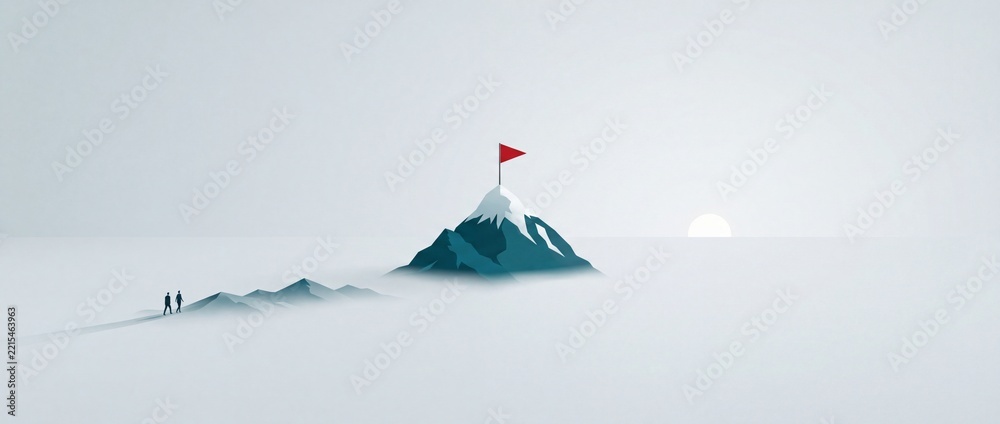 Fototapeta premium Minimalist Concept of Two Businessmen Walking Towards a High Mountain Peak with a Red Flag Symbolizing Corporate Success, Goal Achievement, Leadership, and Clear Strategic Vision in Business.