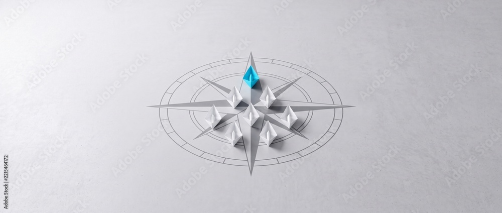 Fototapeta premium Blue Paper Boat Leading a Fleet of White Origami Boats on a Compass Rose Graphic, Representing Leadership, Business Strategy, Navigation, and Creative Vision in a Minimalist Wide Context Design.