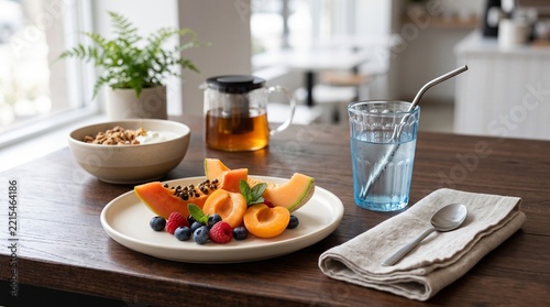 Healthy Fruit Breakfast with Fresh Juice and Oatmeal in Bright Kitchen