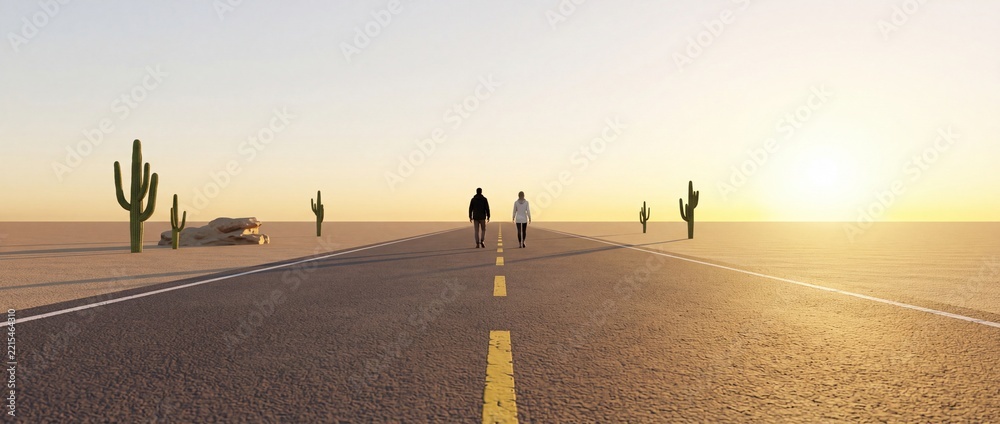 Fototapeta premium Rear view of a young couple walking down a long straight asphalt road in a vast desert landscape with cacti under a warm golden sunset sky, representing journey, exploration, and future goals.