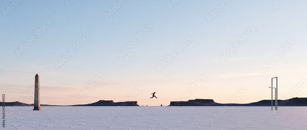 Fototapeta premium A Man Jumps Over a Gap Between Mesas in a Surreal Salt Flat Desert Landscape Featuring an Ancient Obelisk and Minimalist Structures Under a Vast Clear Sky, Symbolizing Freedom and Overcoming Obstacles