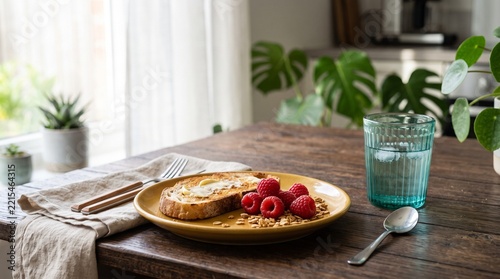 Breakfast Setting with Toast, Raspberries, Glass of Water and Green Houseplants in Natural Light