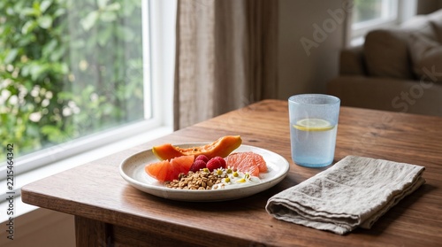 Healthy Breakfast Plate with Fruit and Granola on Wooden Table Near Window
