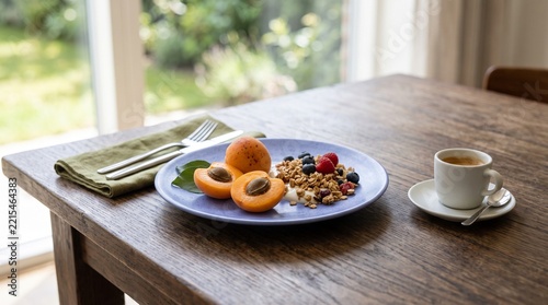 Fresh Fruit Breakfast with Granola and Coffee on Wooden Table Near Window