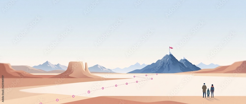 Fototapeta premium Minimalist vector illustration of a family standing in a wide desert landscape looking at a winding path with milestones leading toward a high mountain peak with a flag, symbolizing goals.