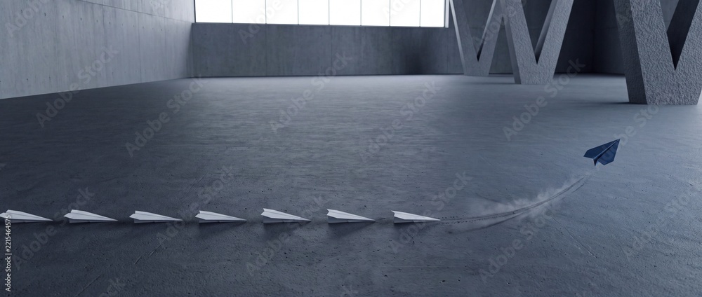 Fototapeta premium Minimalist Concept of Leadership and Innovation Showing a Single Blue Paper Airplane Taking Off and Breaking Away from a Line of White Planes in a Modern Concrete Industrial Hall