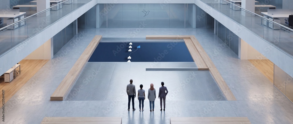 Fototapeta premium Diverse Group of Business Professionals in a Spacious Modern Office Atrium Observing a Unique Blue Paper Plane Leading a Formation, Symbolizing Innovation, Leadership, and Strategic Direction.