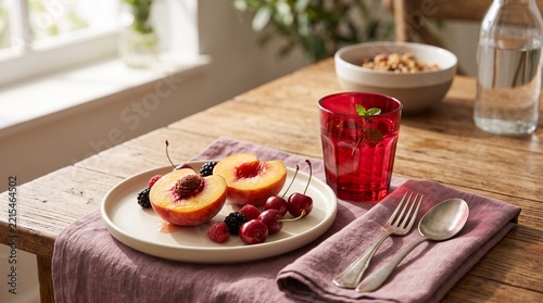 Fresh Fruit Breakfast with Peaches Cherries and Berries on White Plate in Cozy Kitchen